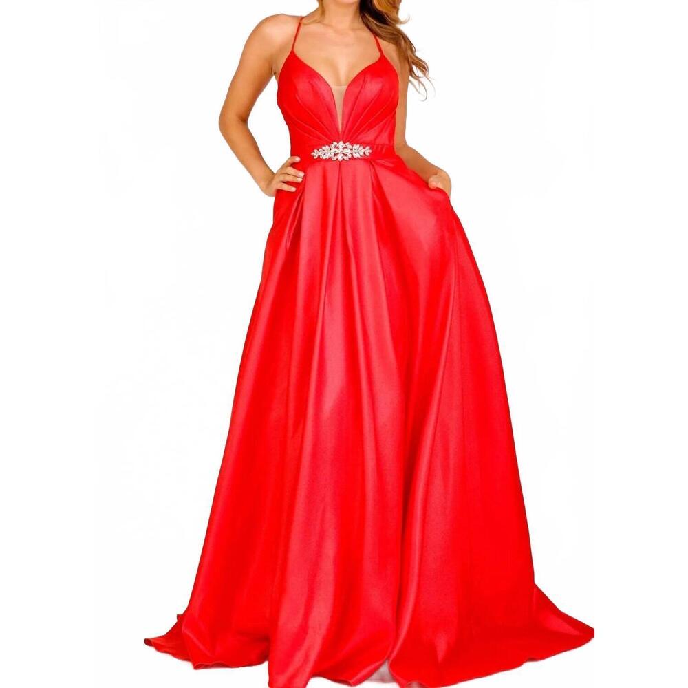 NEW CECILIA COUTURE radiant plunging neck a-line evening dress in red